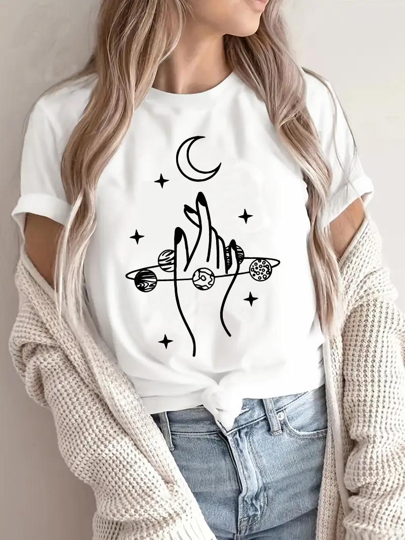 

Vintage Moon Hand Print Crew Neck TShirt Casual Short Sleeve TShirt for Spring Summer Womens Clothing M