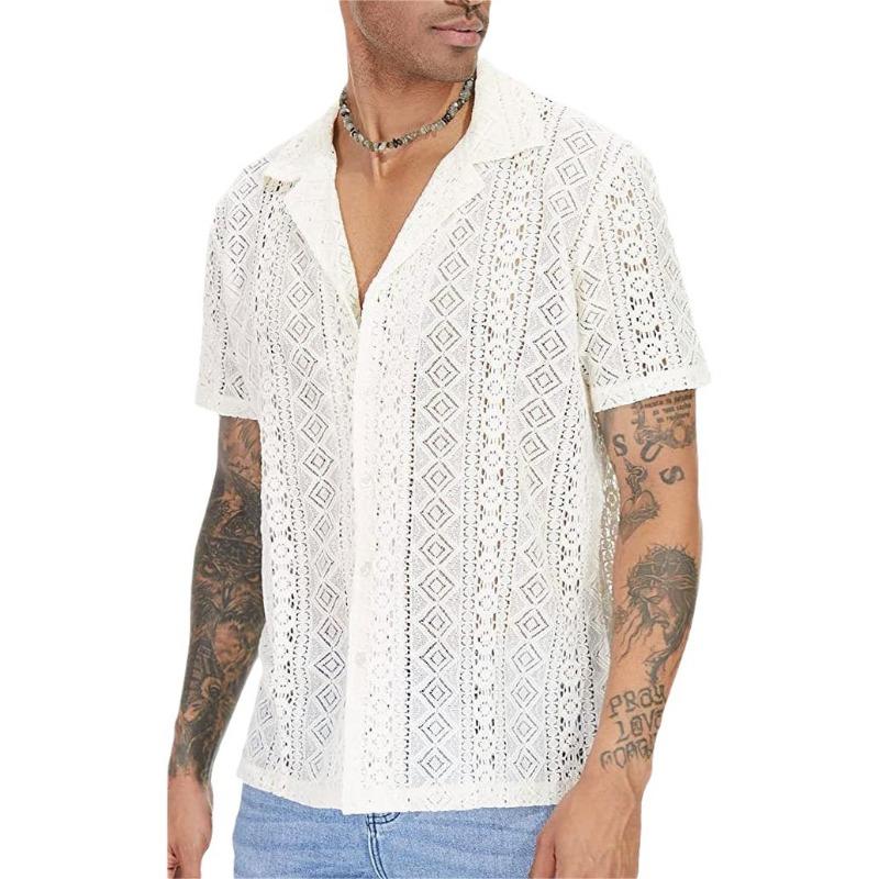 Summer Fashion New Men's Lace Short Sleeve Shirt Casual Hollow versatile Top