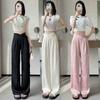 2026 Spring/Summer Chinese Style Satin Wide-Leg Frog Button Pants - Women's Slimming Straight-Leg, Floor-Length Business Trousers
