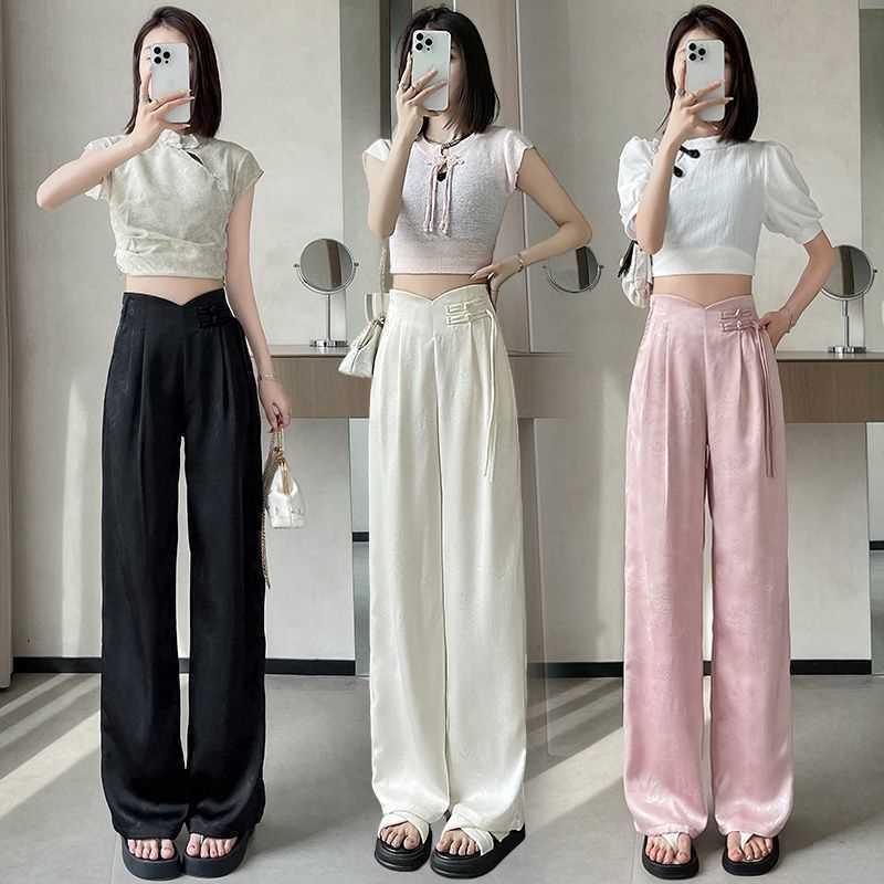 2026 Spring/Summer Chinese Style Satin Wide-Leg Frog Button Pants - Women's Slimming Straight-Leg, Floor-Length Business Trousers