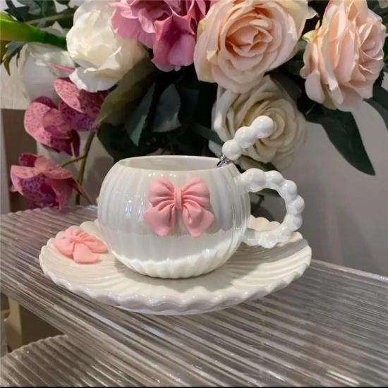 Французская розовая чашка с бантом, Светлая роскошная кофейная чашка, Высококачественный изысканный высокоэстетичный керамический набор, 301-400ml