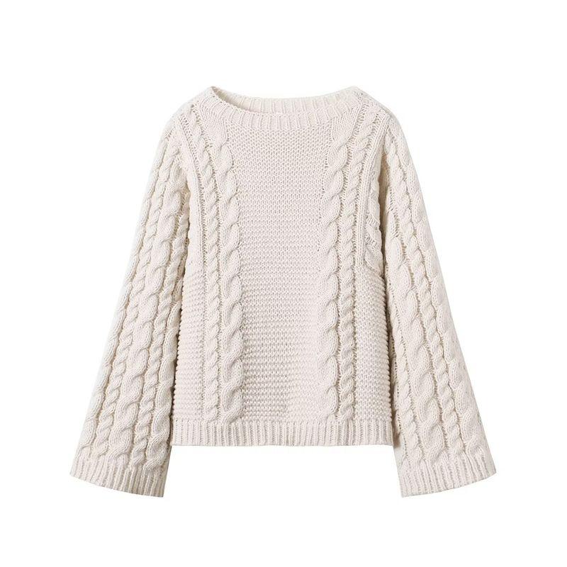 Autumn New Western Style Foreign Trade Women clothes Fashion Simple and Versatile Solid round Neck Twist Pullover Long sleeve Sweater