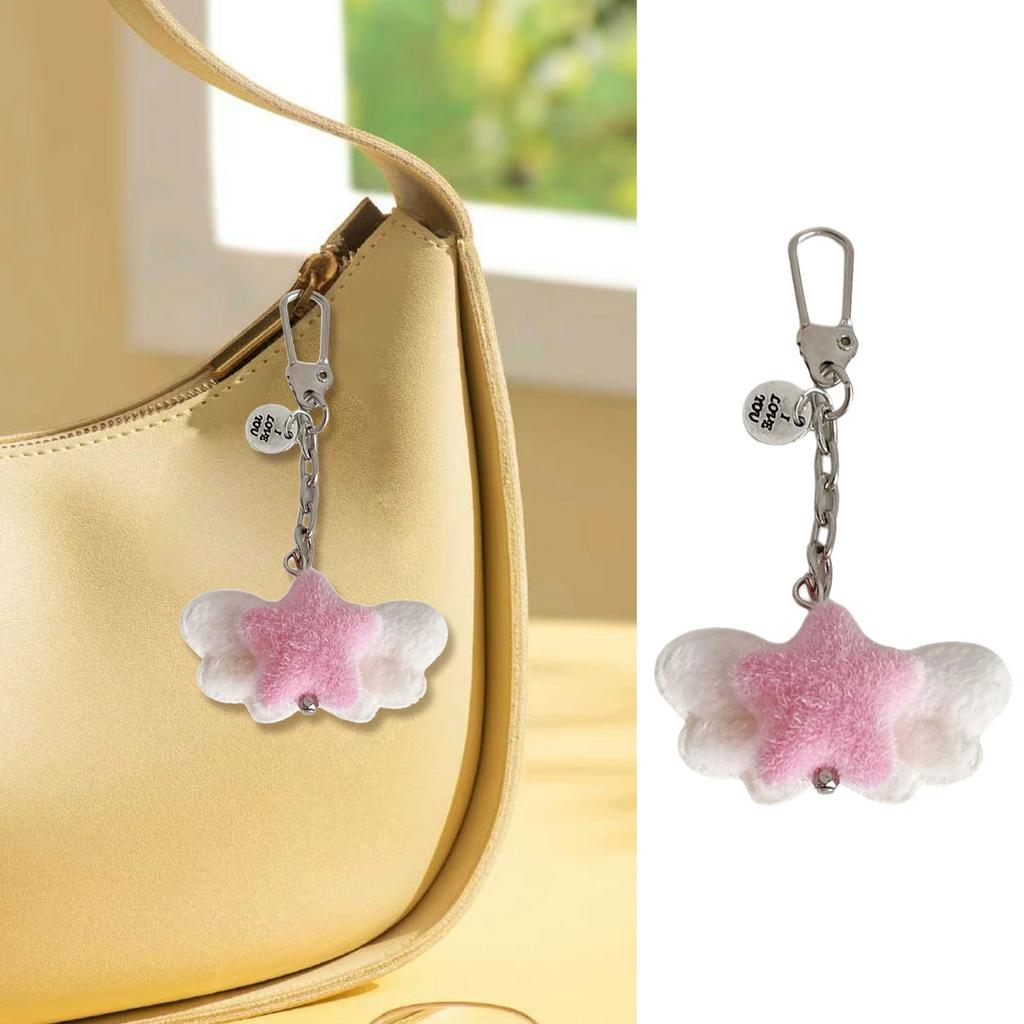 Fuzzy Flocking Star Keychain with Angel Wing Pendant Soft Stylish Fashionable Accessory For Phone Keys Bag Gift