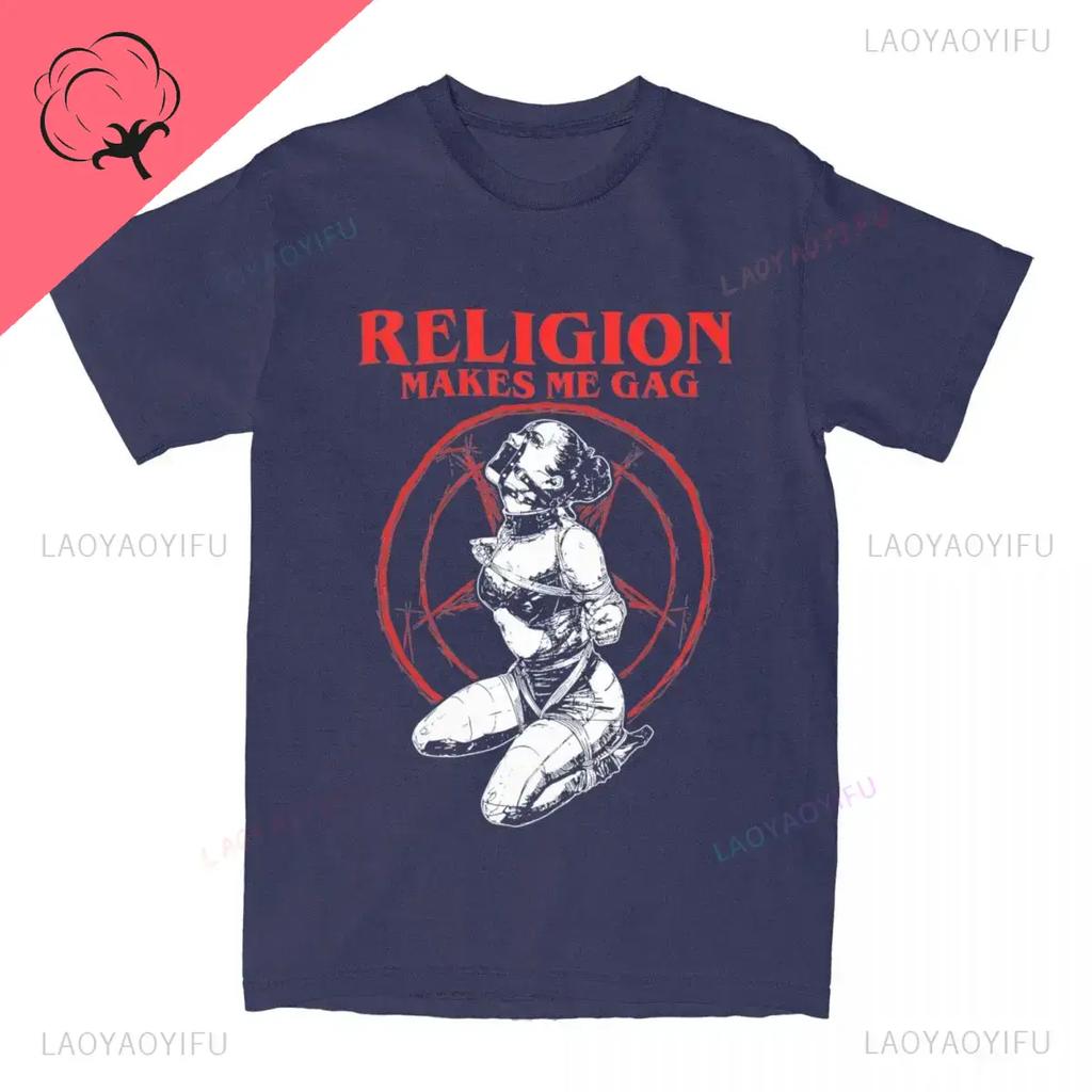 Religion Makes Me Gag Mens Short Sleeve Casual Printed TShirt Summer Satan Nun Vintage Cotton Leisure Harajuku Loose Tshirt