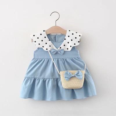 Girls Summer New Western Style Korean Sleeveless Dot Dress with Bag Baby Girls Summer Clothes