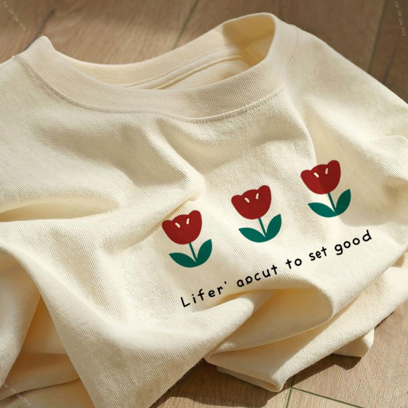 Heavy cotton cartoon print short-sleeved t-shirt women's 2025 new summer loose large size white crew neck top