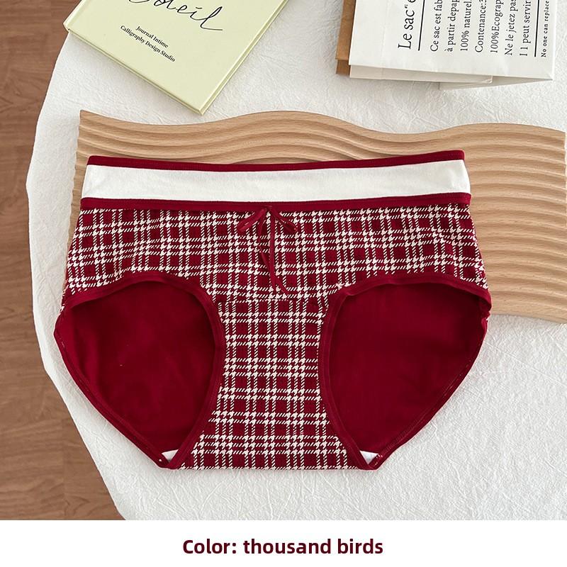 Female Spring and Autumn Pure Cotton Chinese New Year Wedding Happy Red Waist Triangle Underwear