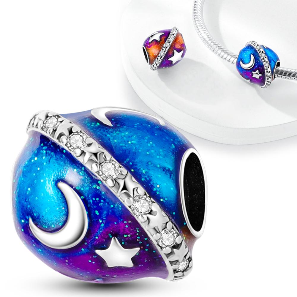 

Шармы Медь Синяя Звезда Луна Планета Орбита Подвески Подходят Шармы Plata Оригинальный Браслет Бусины Женские Украшения Изготовление своими руками