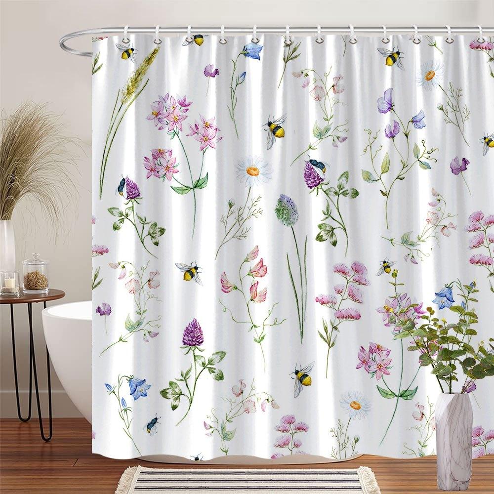 1 Watercolor Floral Shower Curtain With Lavender, Pink And Purple Flowers, Bees And Butterflies, With Hooks, Machine Washable