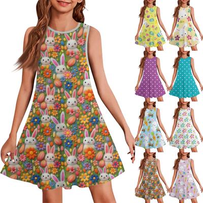 Girls Fashion Casual Sleeveless Round Neck Easter Printed Dress