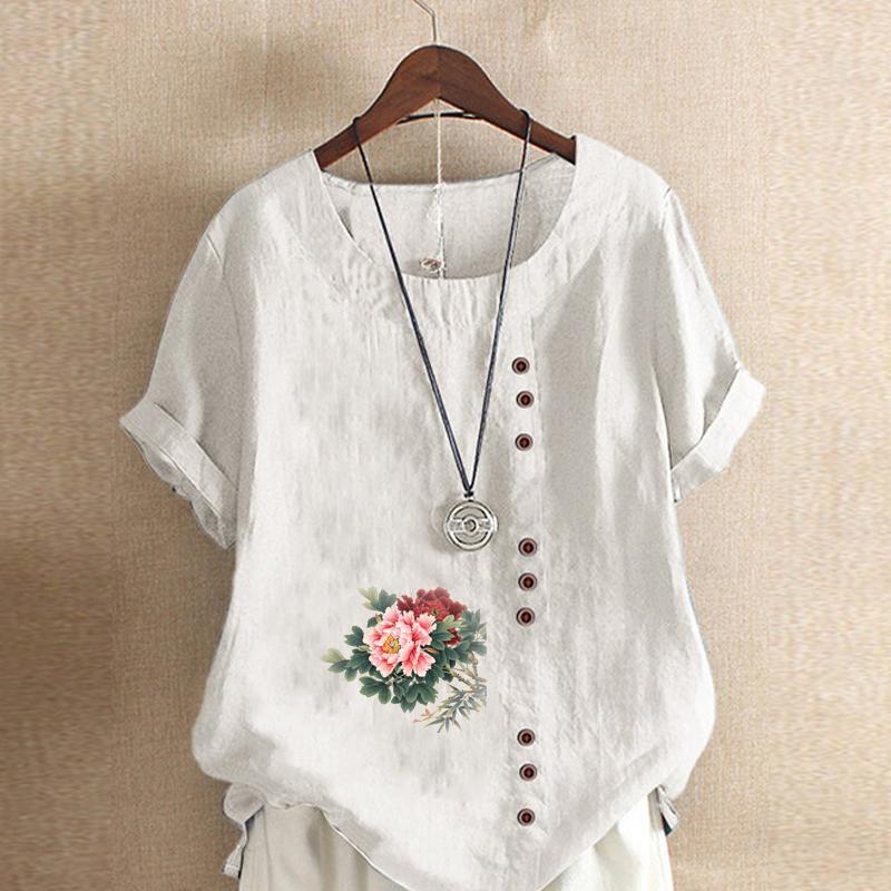 Damen T-Shirt mit Rundhalsausschnitt, kurzärmelig, Blumenmuster, Leinenhemd, Sommer, lässig, Übergröße