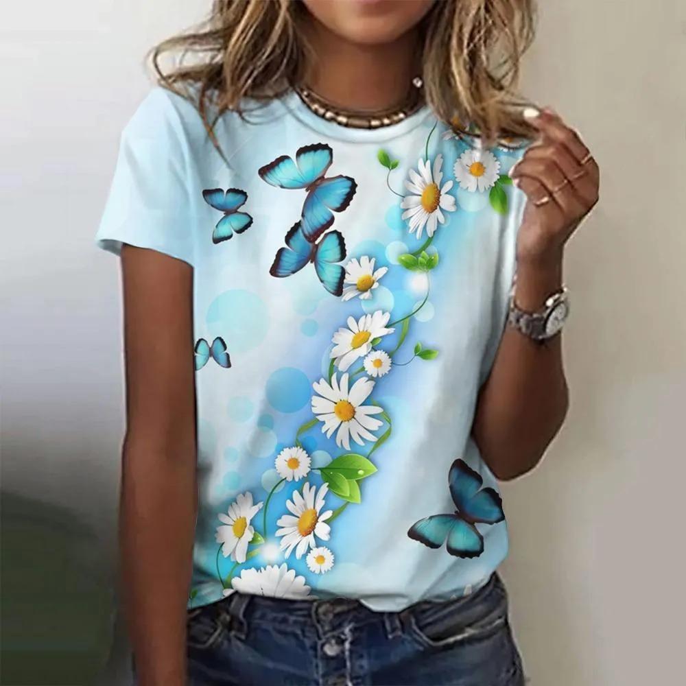 T-shirt da donna estiva a girocollo con stampa fantasia farfalla 3D, alla moda e casual a maniche corte