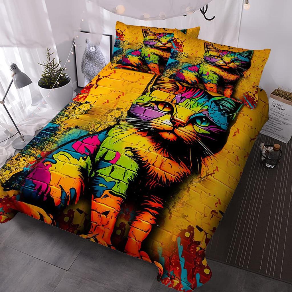 Cute Colored Cat Bedding Three-Piece Quilt Cover