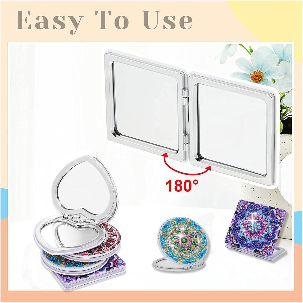 4PCS Diamond Painting Compact Mirror Women Girls, DIY Mandala Diamond Art Folding Travel Makeup Mirrors, Double-Sided Magnifying Cosmetic Mirror