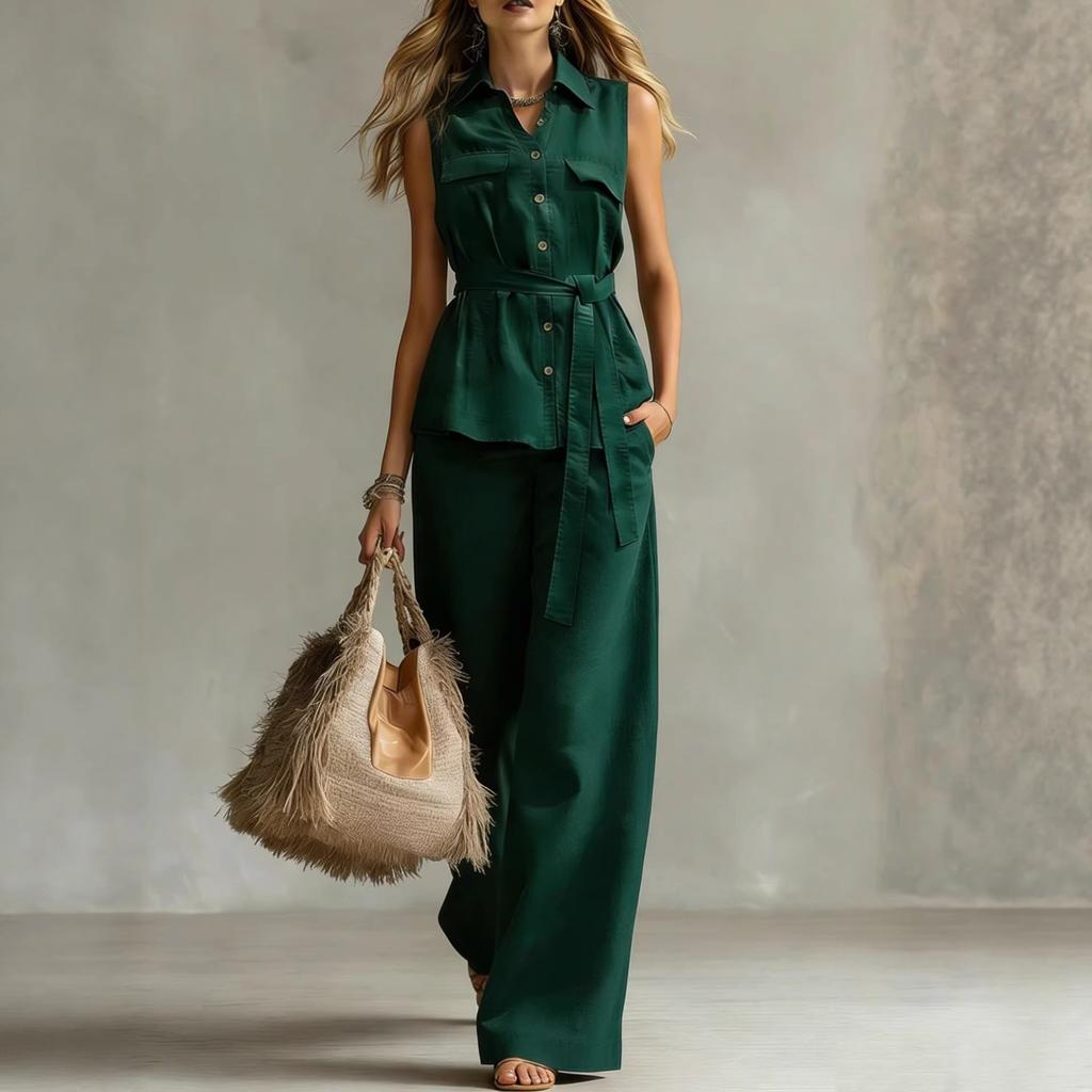 2026 New Summer European and American Cross-border Comfortable and Casual Sleeveless Waist Tie-up Collar Shirt Trousers Two-piece Women's Clothing