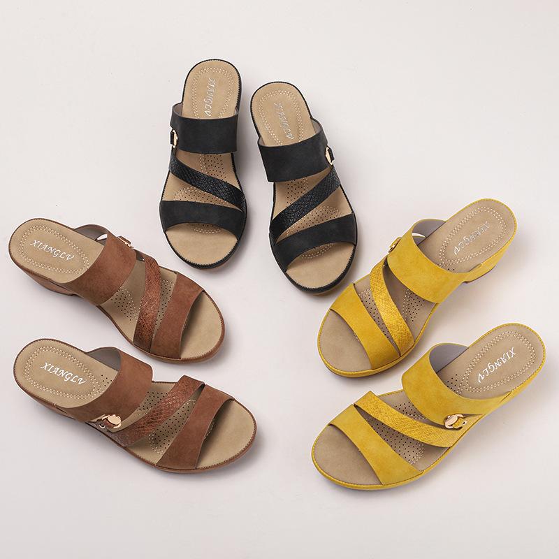 Cool slippers women wear wedge heel thick sole one-word drag summer soft sole non-slip fashion shoes