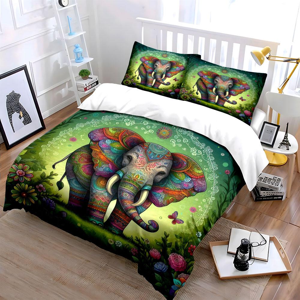 Colorful Elephant Art Decor Set Bedding Set With 1 Duvet Cover 2 Pillowcases Single Double King Queen, Gift