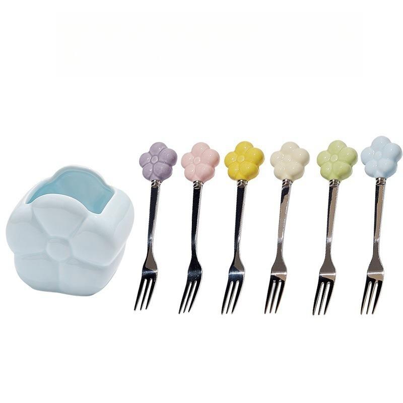 Creative Stainless Steel Fruit Fork Table Decoration Ornament Ceramic Storage Jar Set Exquisite Afternoon Tea Knife Fork