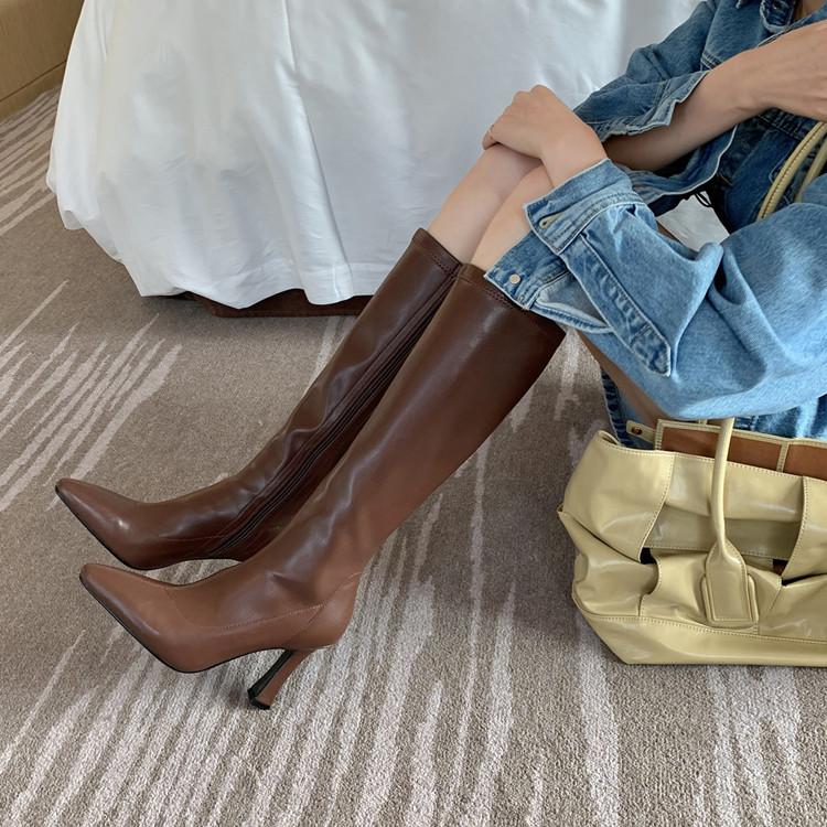 ins niche design! Show long legs! Korean square head high elastic boots, super high heel but knee thin boots
