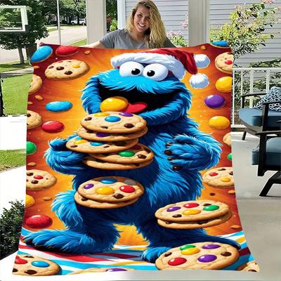 Sesamstraße Krümelmonster Weihnachtsplaid - Festliches Plüsch-Kuscheldecke mit fröhlichem Krümelmonster im Weihnachtsmann-Hut, das Farbef hält