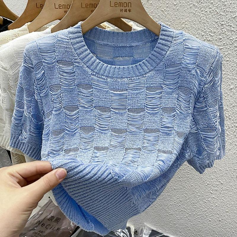 Women's Black Textured Knit Top Short Sleeve Crew Neck Loose Fit Casual Blouse