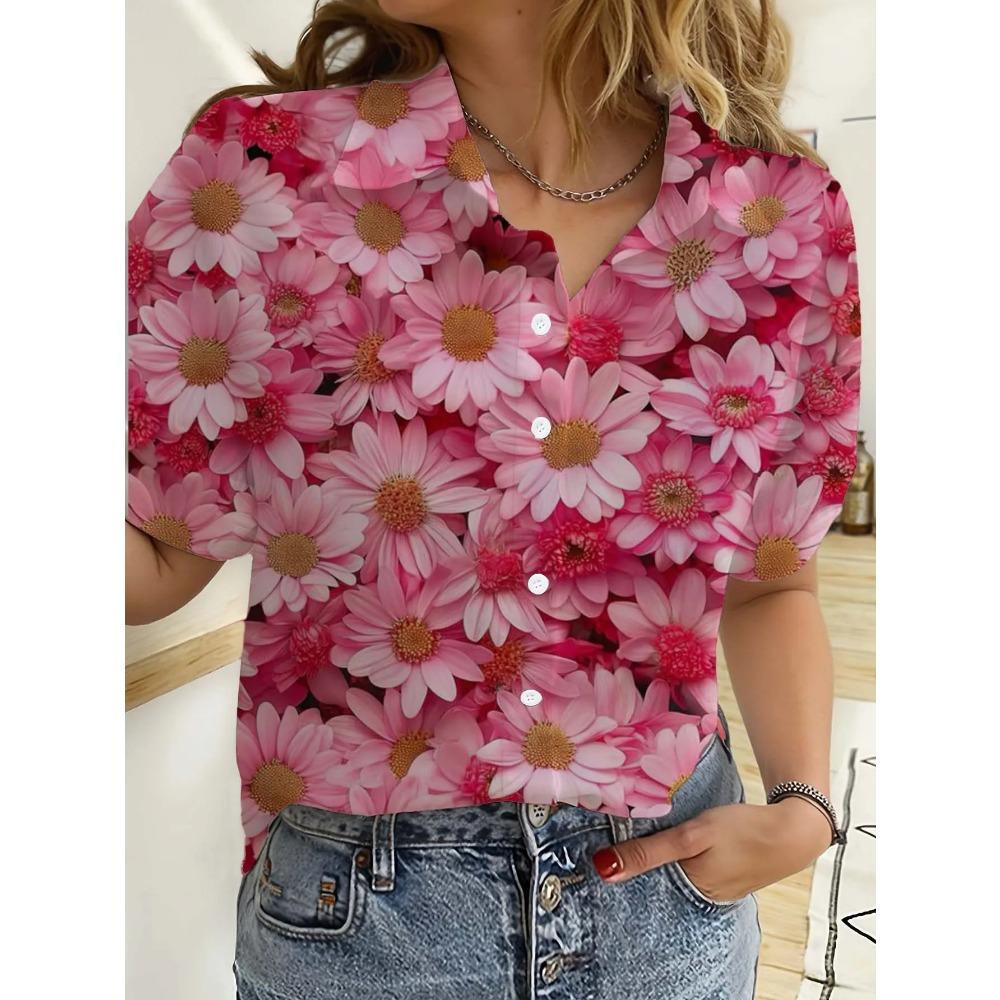 Floral Womens Shirts Short Sleeve Button Rose 3D Printed Casual Beach Shirt Summer New Sunflower Blouse Y2k Tops Women's Clothes
