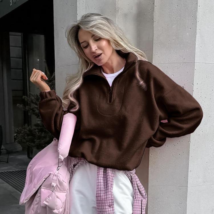 Autumn Winter New Women Casual Outerwear Top French Minimalist Loose Fit Fashion Sports Sweatshirt Solid Color