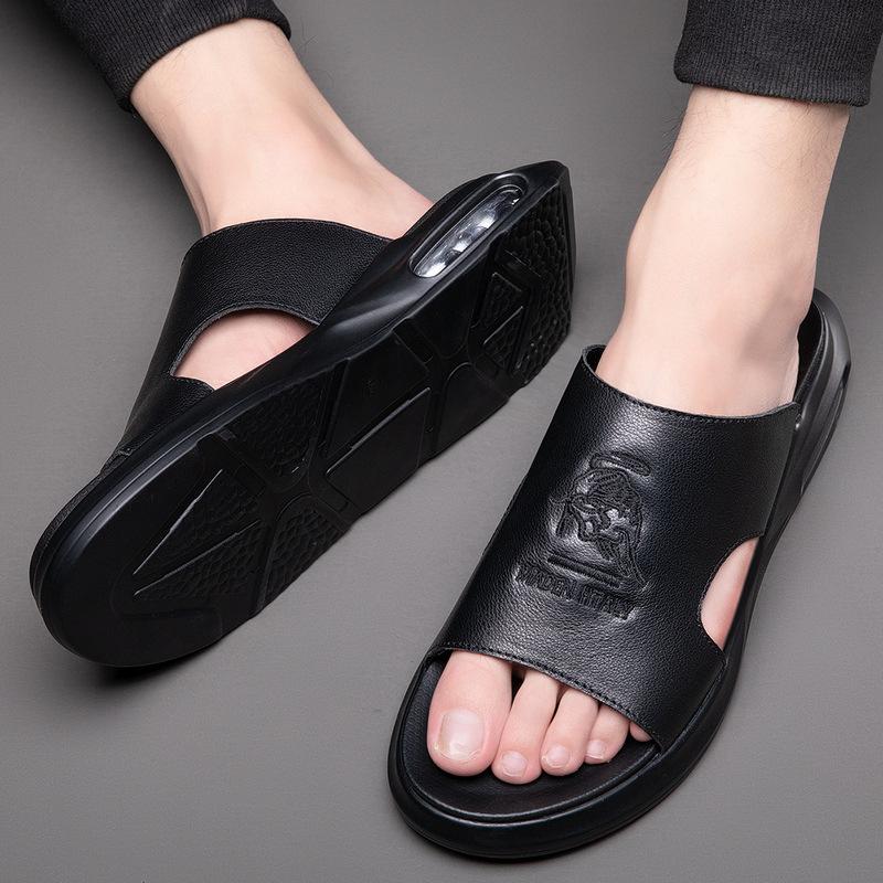 Men Genuine Leather Slipper Embroider Casual Sandals Comfortable Slides Cushion Beach Shoes