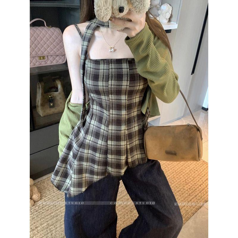 Kumikumi Sweet and Spicy Wind Suit Pure Color Cardigan Outwear Female Autumn Asymmetrical Plaid Camisole Two-piece Set