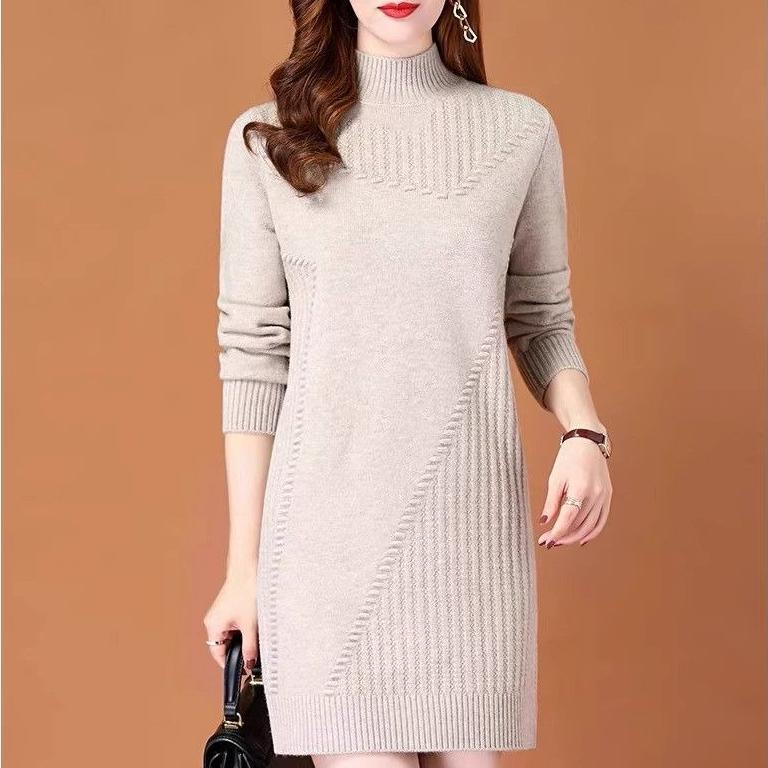 Half Turtleneck Knitted Dress for Women In Autumn and Winter Solid-color Long-sleeved Pullover Mid-length Casual Solid-color Sweater