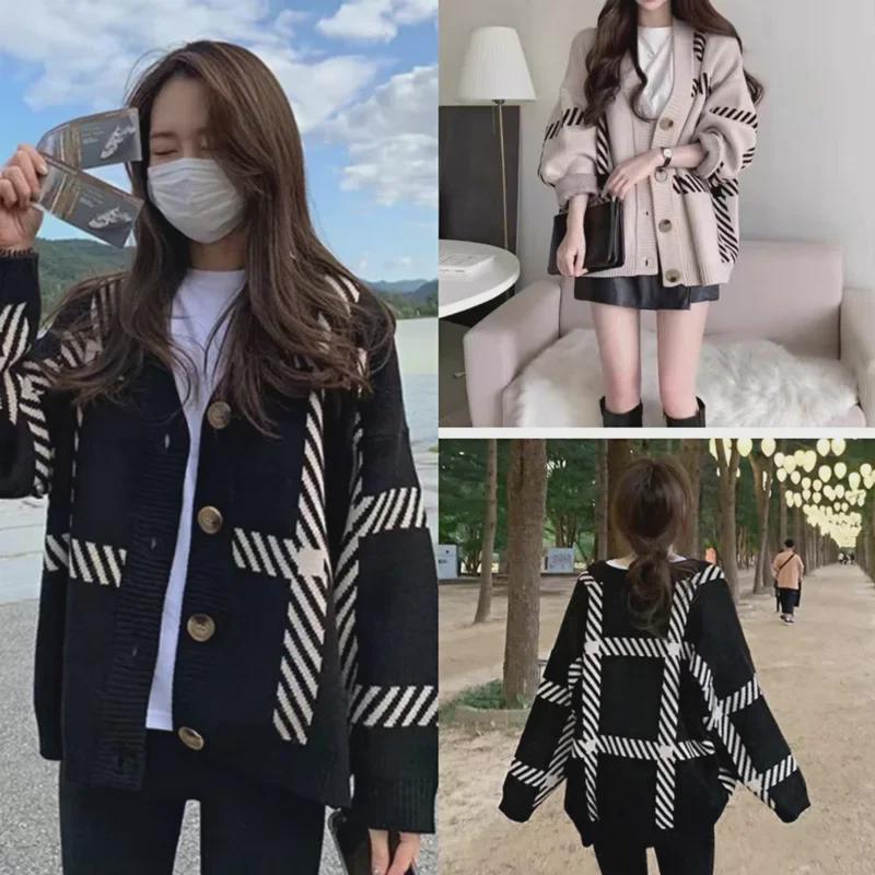 Black Striped Knit Cardigan for Women - 2025 Korean Style, Loose, Versatile, Perfect for Spring & Autumn.