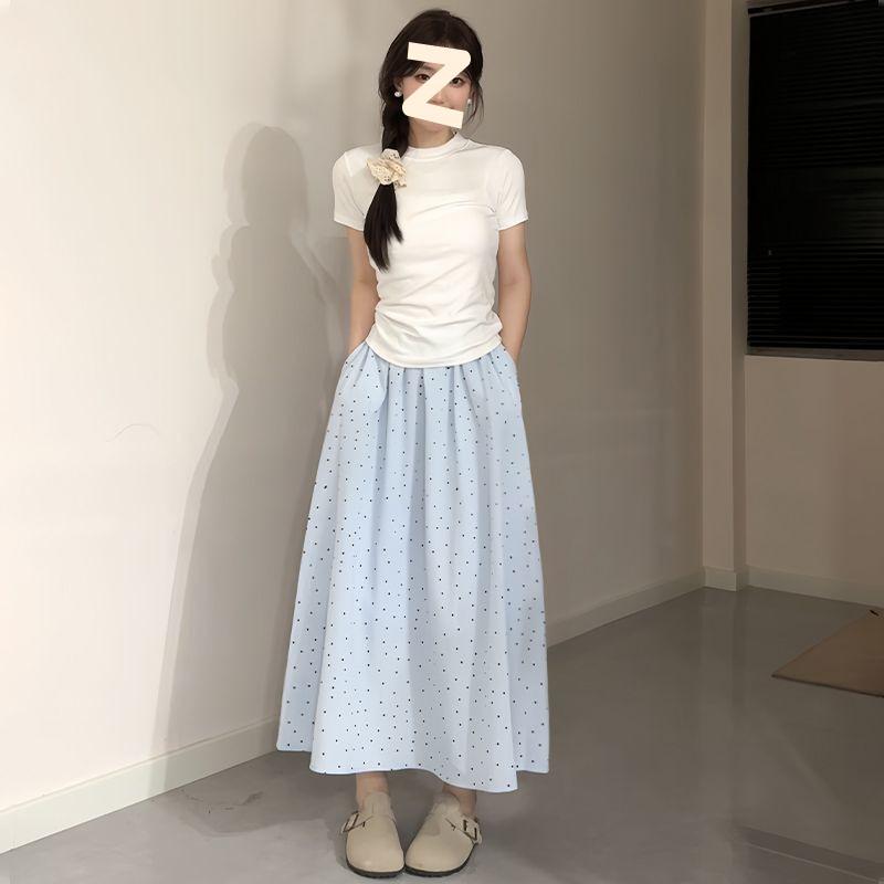 Women's Summer Blue Polka Dot High-Waisted A-Line Versatile Simple Slimming Mid-Length French Style Umbrella Skirt Trendy