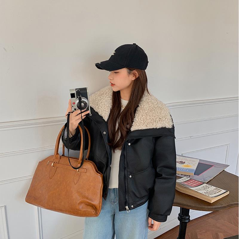 Women's Winter Lambswool Lapel Leather Jacket - Thick, Warm, College Style, Wash-Free Cotton.