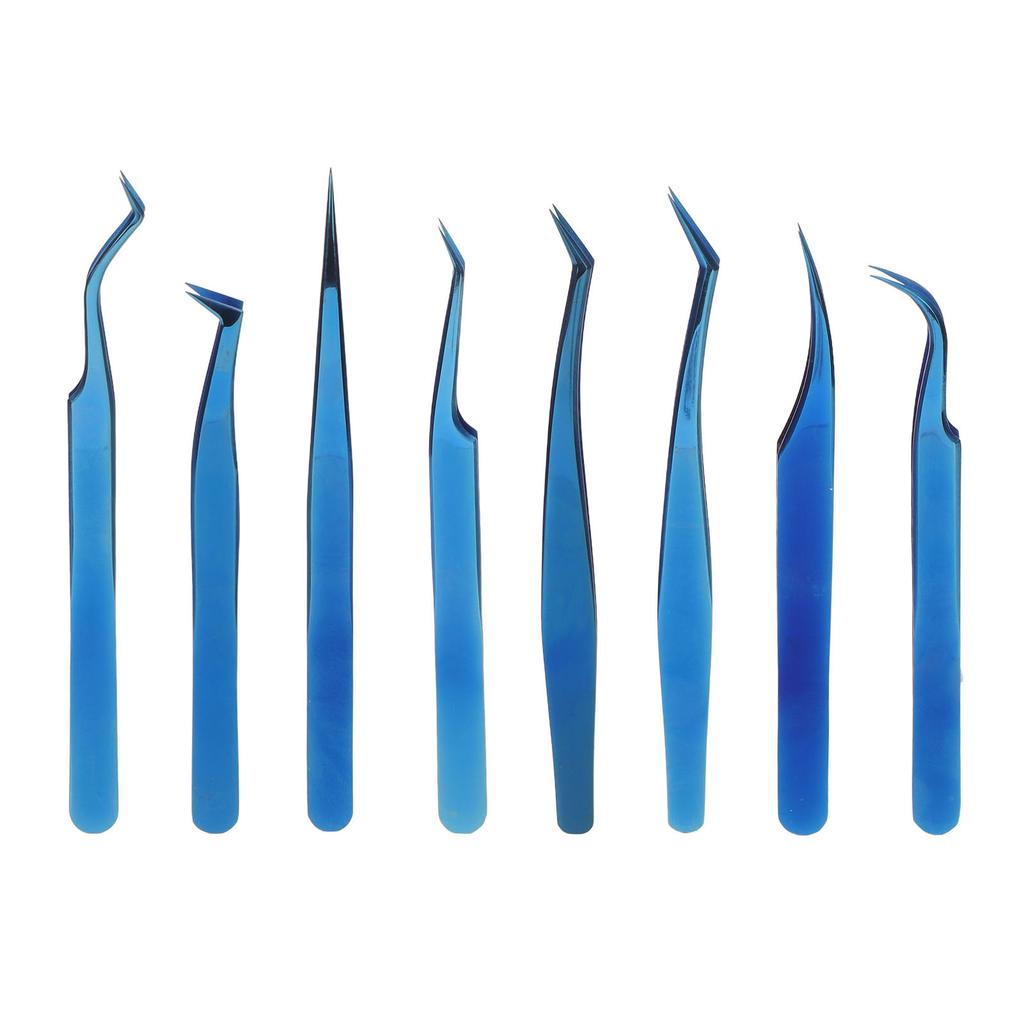 8pcs Eyelash Tweezers Stainless Steel Fine Tip Ergonomic Blue Titanium Eyelash Extension Tweezers