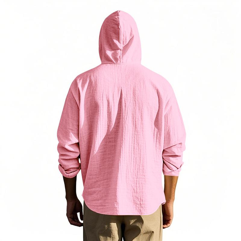 Gant Embroidery Men's Solid Color Casual Long Sleeved Shirt Hooded Drawstring Cotton and Linen Cardigan Trendy Versatile Loose Beach T-shirt