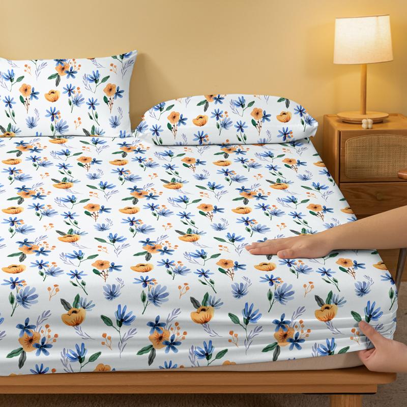 Simple 1 Modern Plant Flower Printed Matte Fitted Sheet, Bedroom Printed Bed Cover, Bedding Excluding Pillowcases