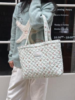 Women's Quilted Cartoon Print Canvas Bag - Large Capacity, Single Shoulder, Handheld