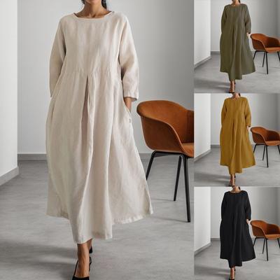 Elegantné farby Soild Bavlna Ľanové Midi šaty Dámske Dlhý rukáv O Krk Voľný strih Vreckové Sundress Neformálne plážový párty župan