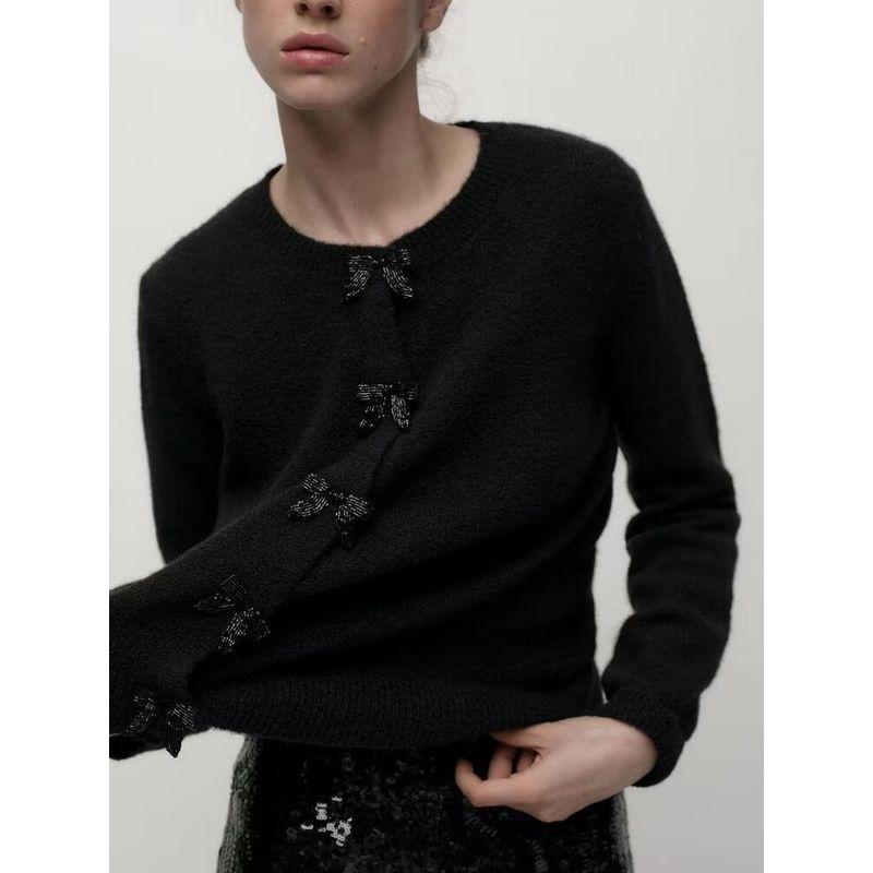 Za2025 Spring New Women's Clothing Slim Looking Bows Decorated Row Button round Neck Long Sleeve Knitted Coat 1473102
