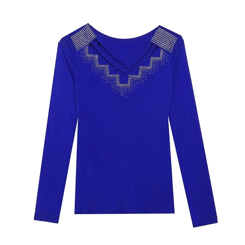 Streetwear Women's Clothes T-Shirt Spring Autumn High Quality Hot Diamonds Long Sleeve Tops Ladies Sexy V-Collar Mesh Tees