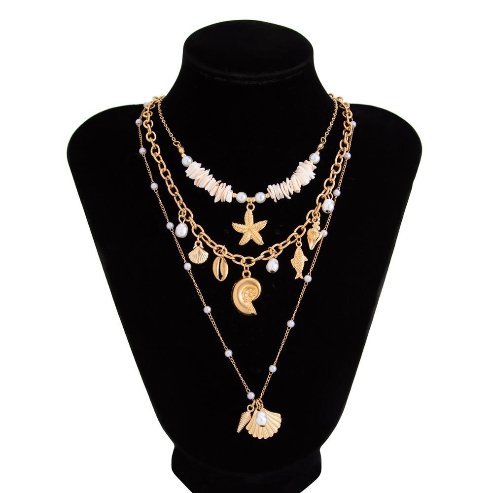 Necklace Set Starfish Conch Necklace Pearl Multilayer Clavicle Chain  Jewelry Gift