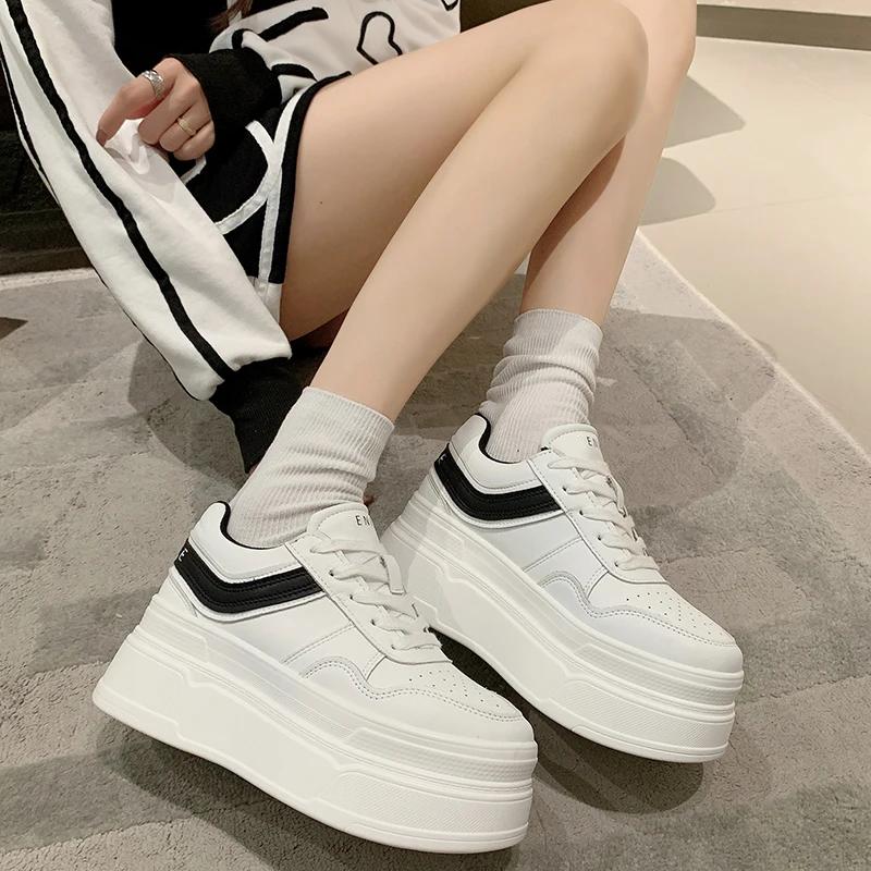 Fashion New 2024 Autumn Women High Platform Shoes 8CM Comfortable Chunky Sneakers Breathable Leather Wedges Casual Sport Dad Shoes Woman