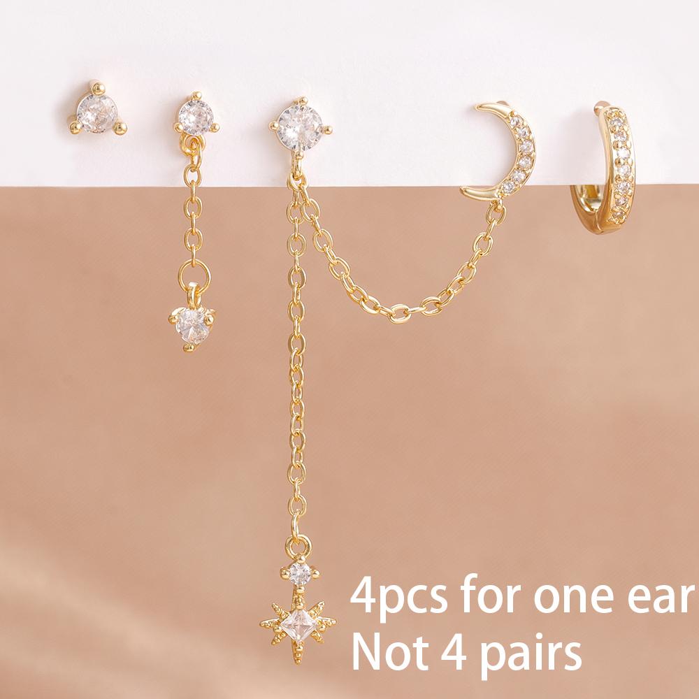 4PCS Women's Earrings Set Stainless Steel Cubic Zirconia Chain Moon Star Unique Punk Unisex Rock Earring Piercing Jewelry