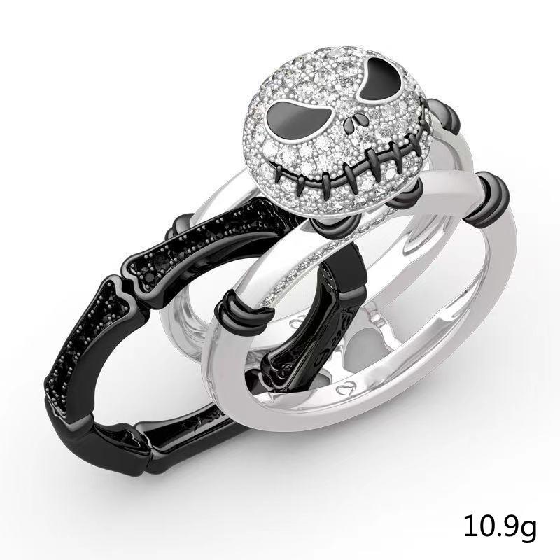 Luxurious Black & White Skull Ring Set for Women - Full Diamond Smile Design