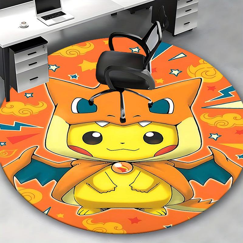 1pc Pikachu & Charmander Pokémon Anime Design Round Carpet - Office Chair Mat, Non-Slip Rug for Home Decor, Living Room, Bedroom, Game Room