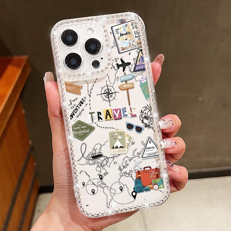 Airplane Travel Label Diamond Case For iPhone 16 Pro Max Coque iPhone 11 12 13 14 15 17 Pro Max 16E 17 Air Clear TPU Soft Cover