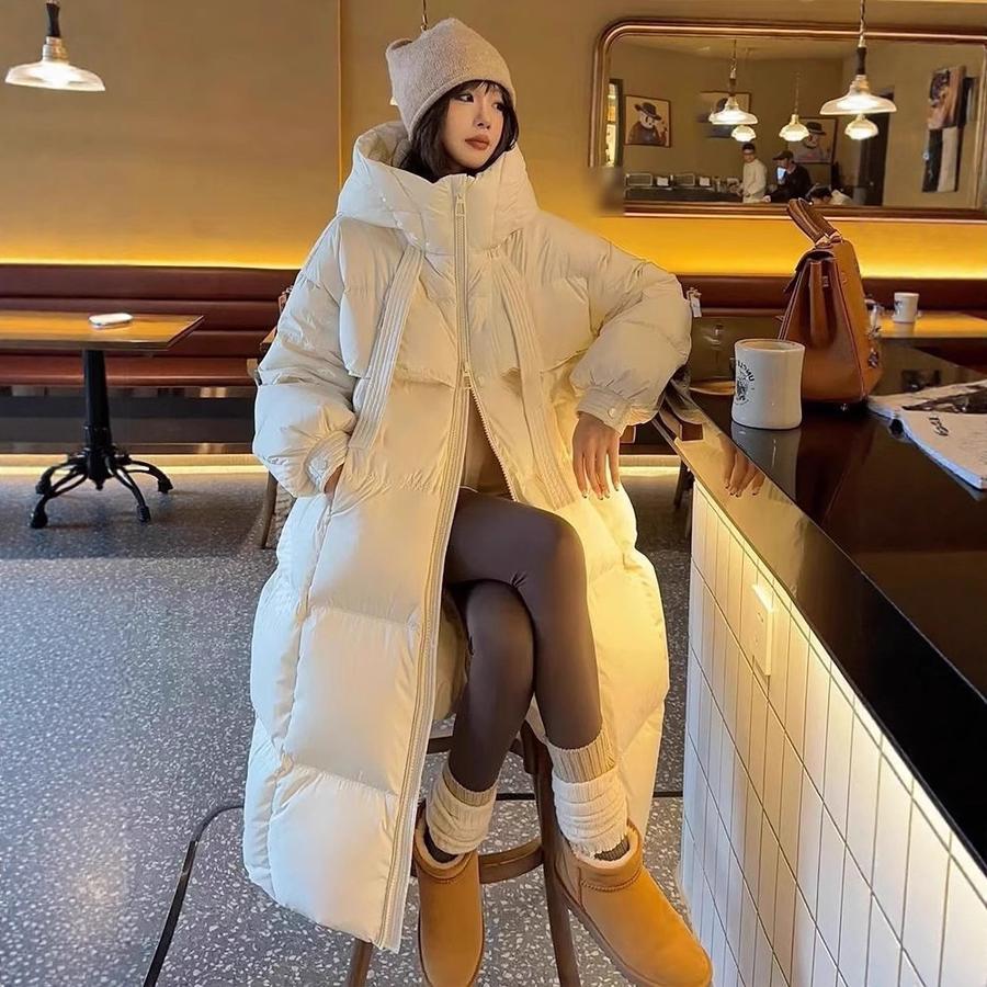 Winter Thick Cotton Korean Style Loose Fit Long Sleeve Hooded Puffer Coat