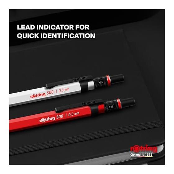 Rotring 500N Mechanical Pencil, 0.7mm, Black, Metal Grip, Hardness Indicator Window, Air Vent Knock Cap, Drafting Compatible