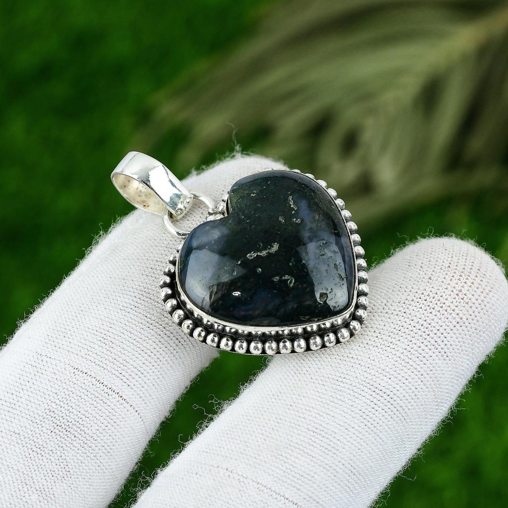 Natural Solar Moss Agate Gemstone Jewelry 925 Sterling Silver Pendant For Women