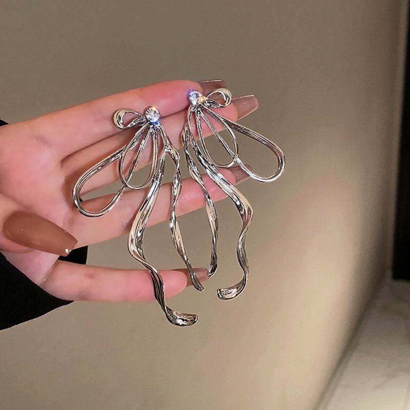 Y2K Exaggerated Big Bowknot Dangle Earrings for Women Irregular Zircon Bow Personalized Sweet Accessories Fashion Jewelry